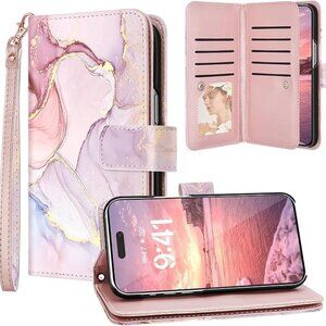 Iphone 15 I6 Pro Max Rose Gold Marble Wallet 9 Card Holder Kickstand Case